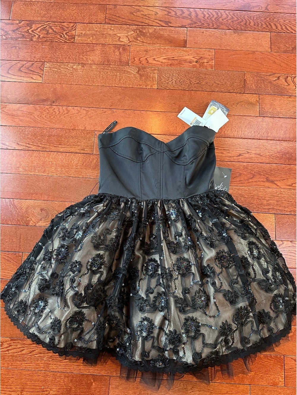 Jessica McClintock Dress 12 NWT Strapless Black Sequin Applique Cocktail